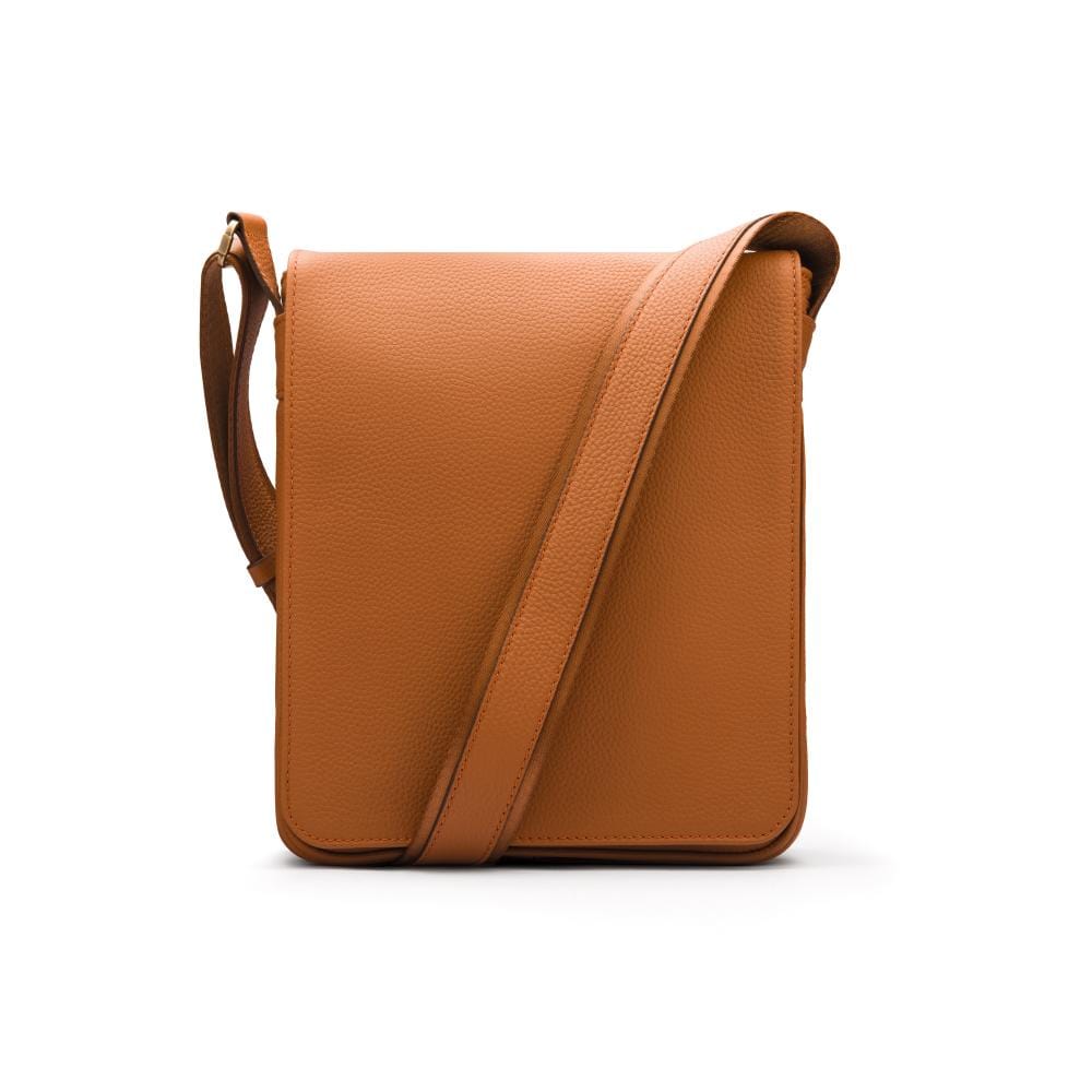 Small leather messenger bag, tan pebble grain, front