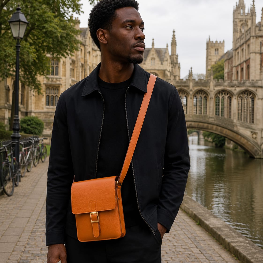 Small leather messenger bag, tan, lifestyle