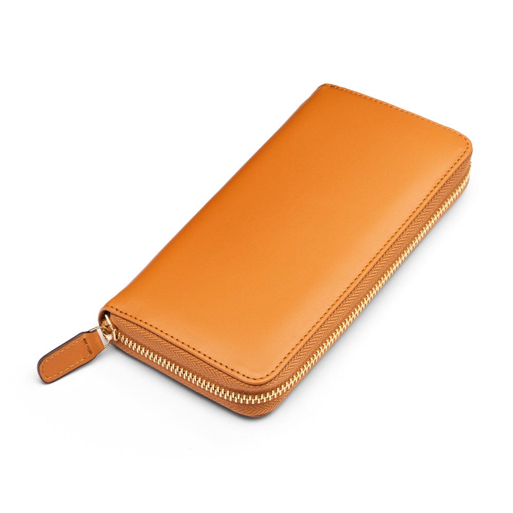 Tall leather zip around accordion purse,  tan, front