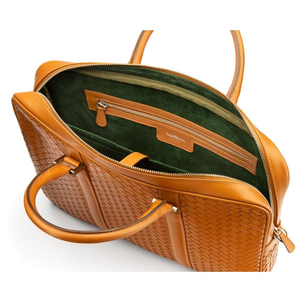 The Tressé leather laptop bag, tan woven, inside