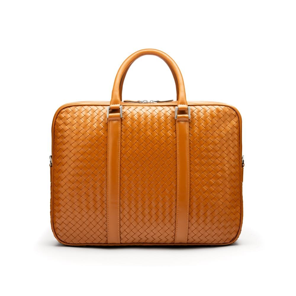 The Tressé leather laptop bag, tan woven, front