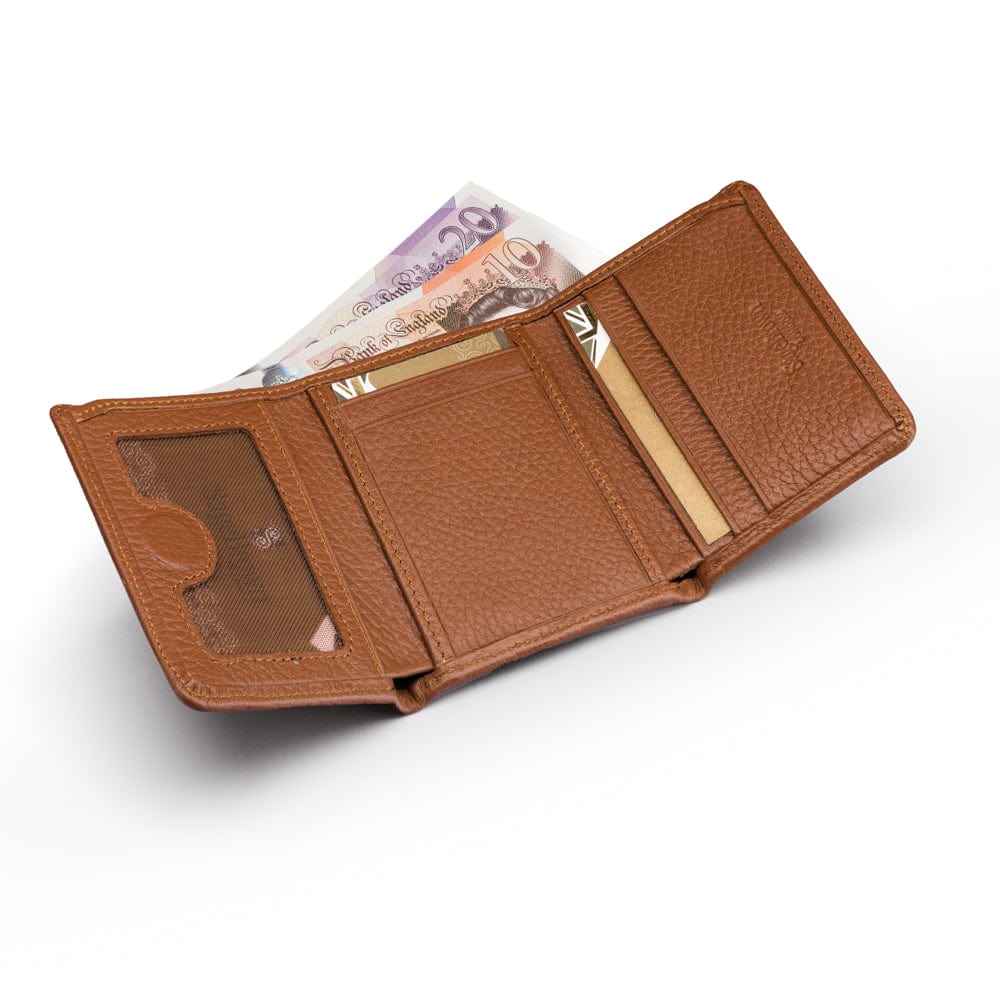Trifold leather wallet with ID, tan, inside