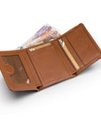 Trifold leather wallet with ID, tan, inside