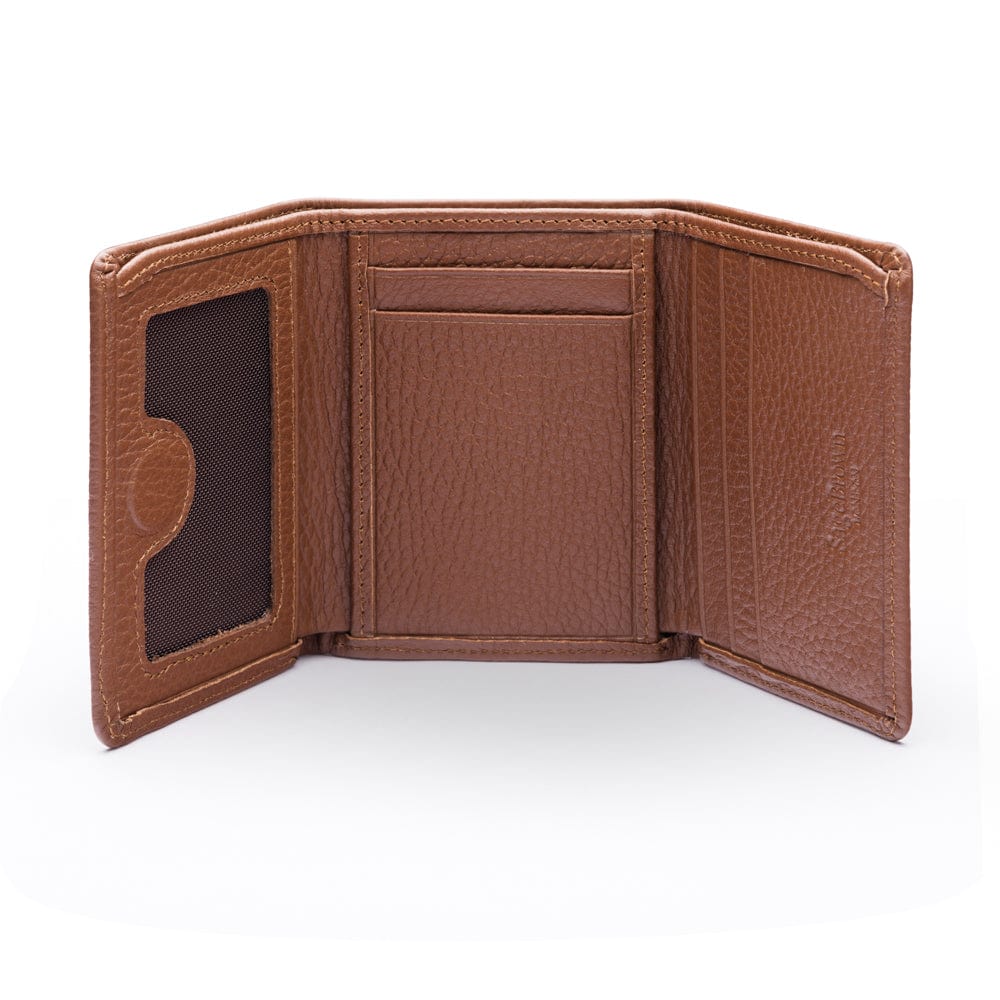 Trifold leather wallet with ID, tan, open