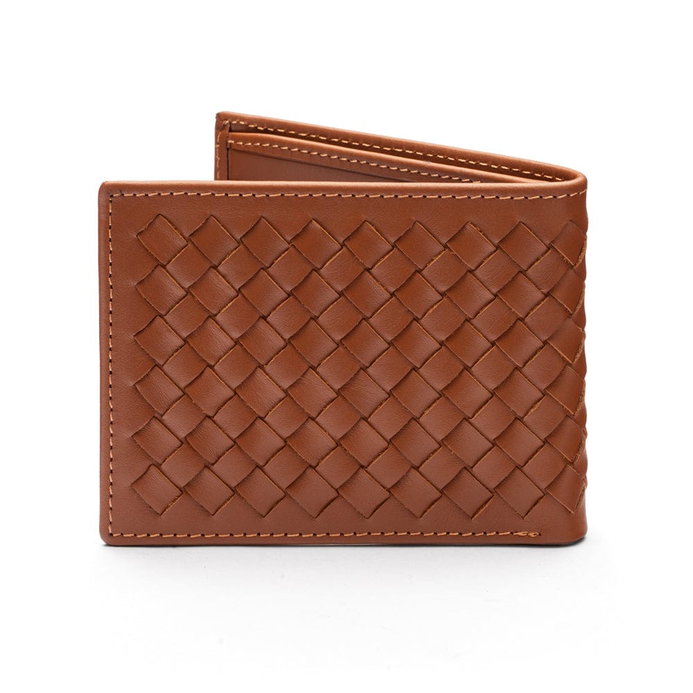 Woven leather wallet with 6 credit card slots, tan, back