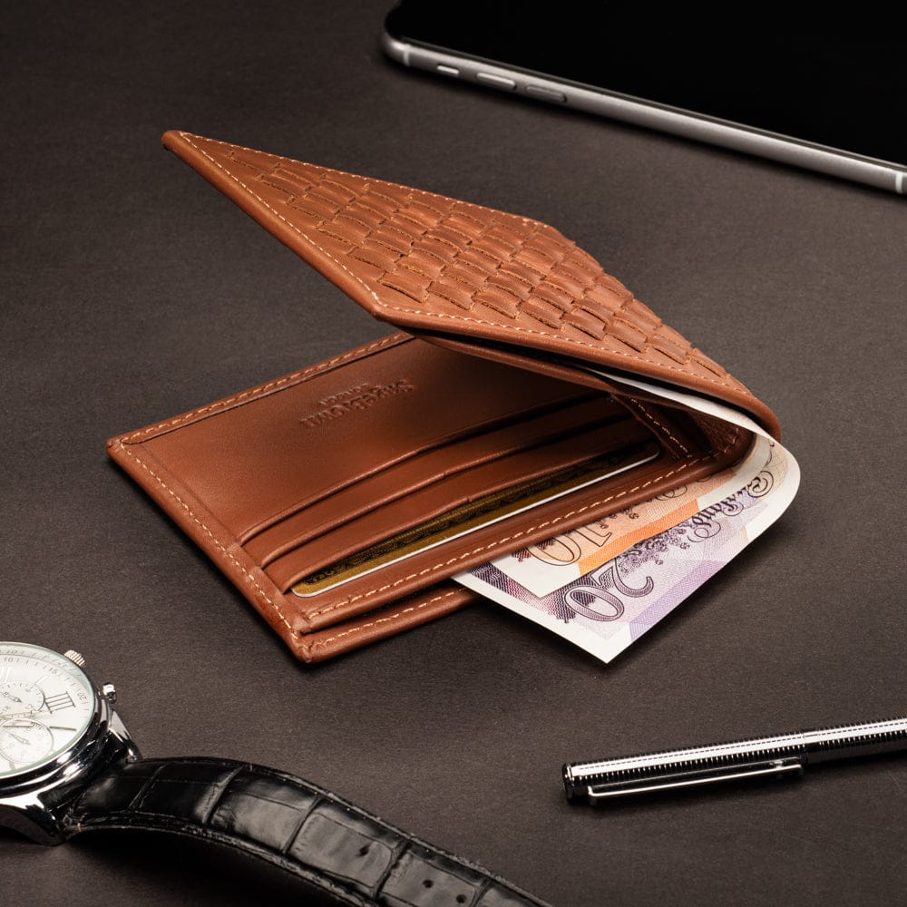 Woven leather wallet with 6 credit card slots, tan, lifestyle