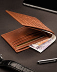 Woven leather wallet with 6 credit card slots, tan, lifestyle