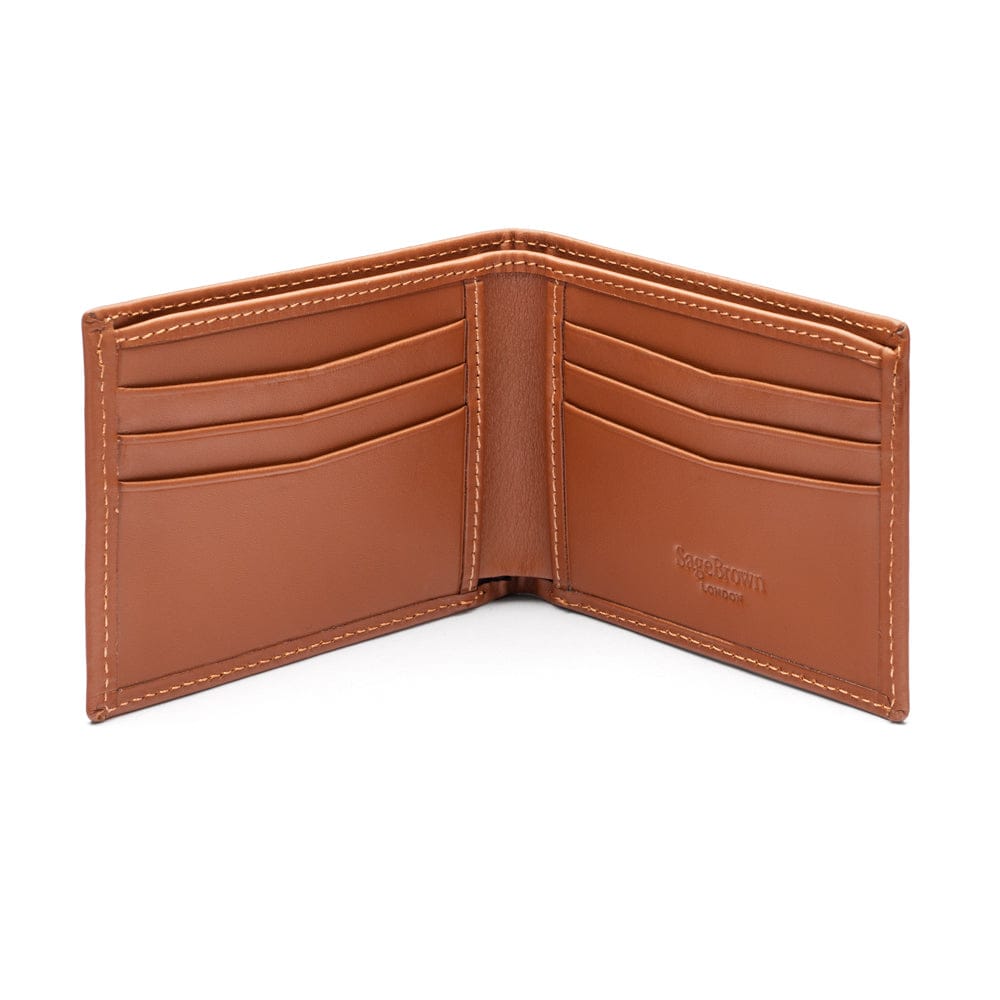 Woven leather wallet with 6 credit card slots, tan, open