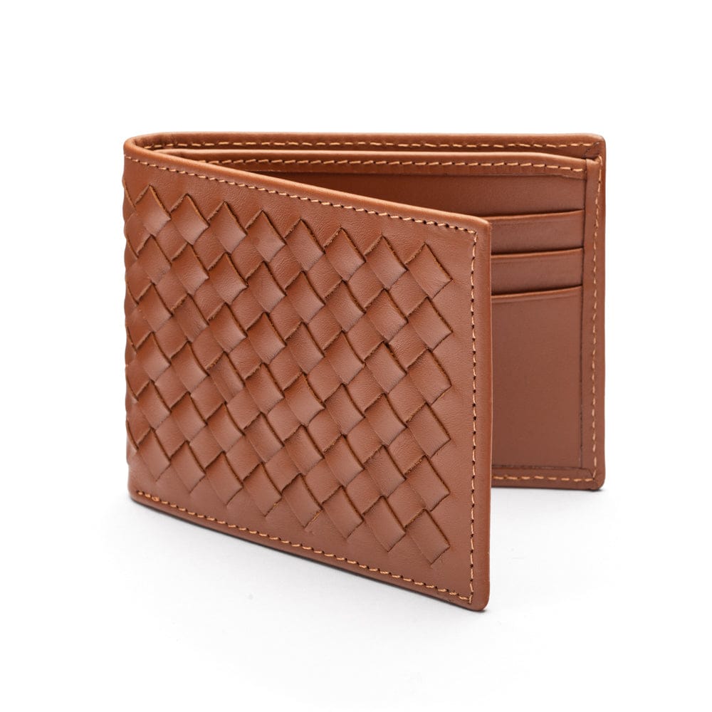 Woven leather wallet with 6 credit card slots, tan, front