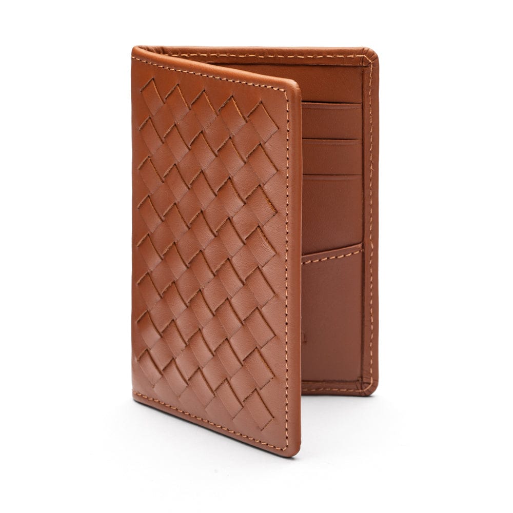 Woven leather card holder, tan, open