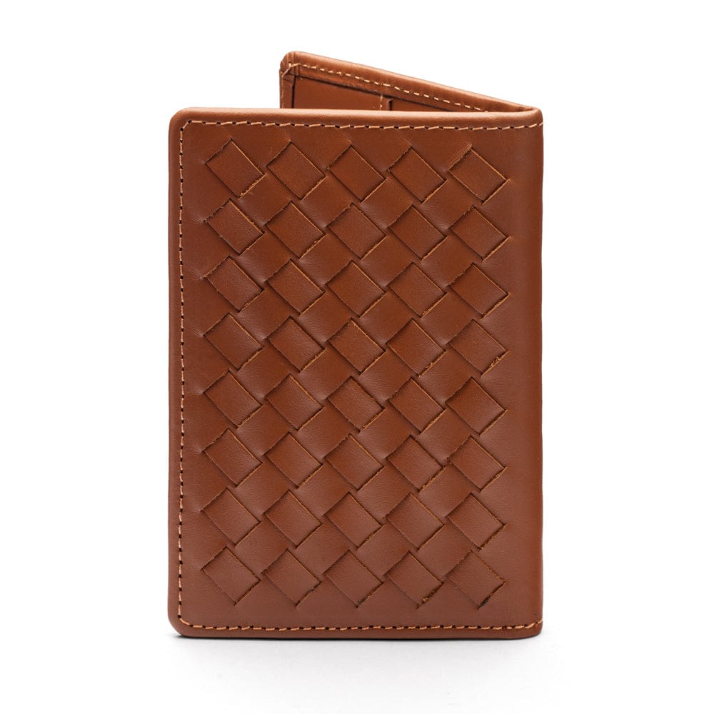 Woven leather card holder, tan, back