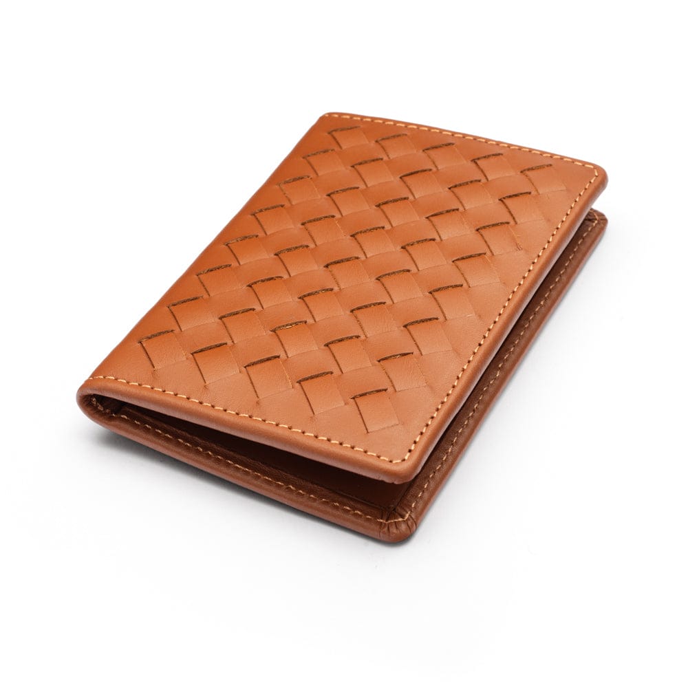 Woven leather card holder, tan, front