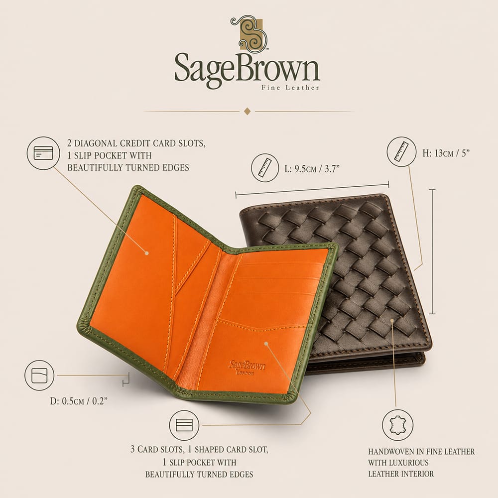 Woven leather credit card holder, features and dimensions