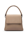 Amy flap over lid handbag, taupe, front