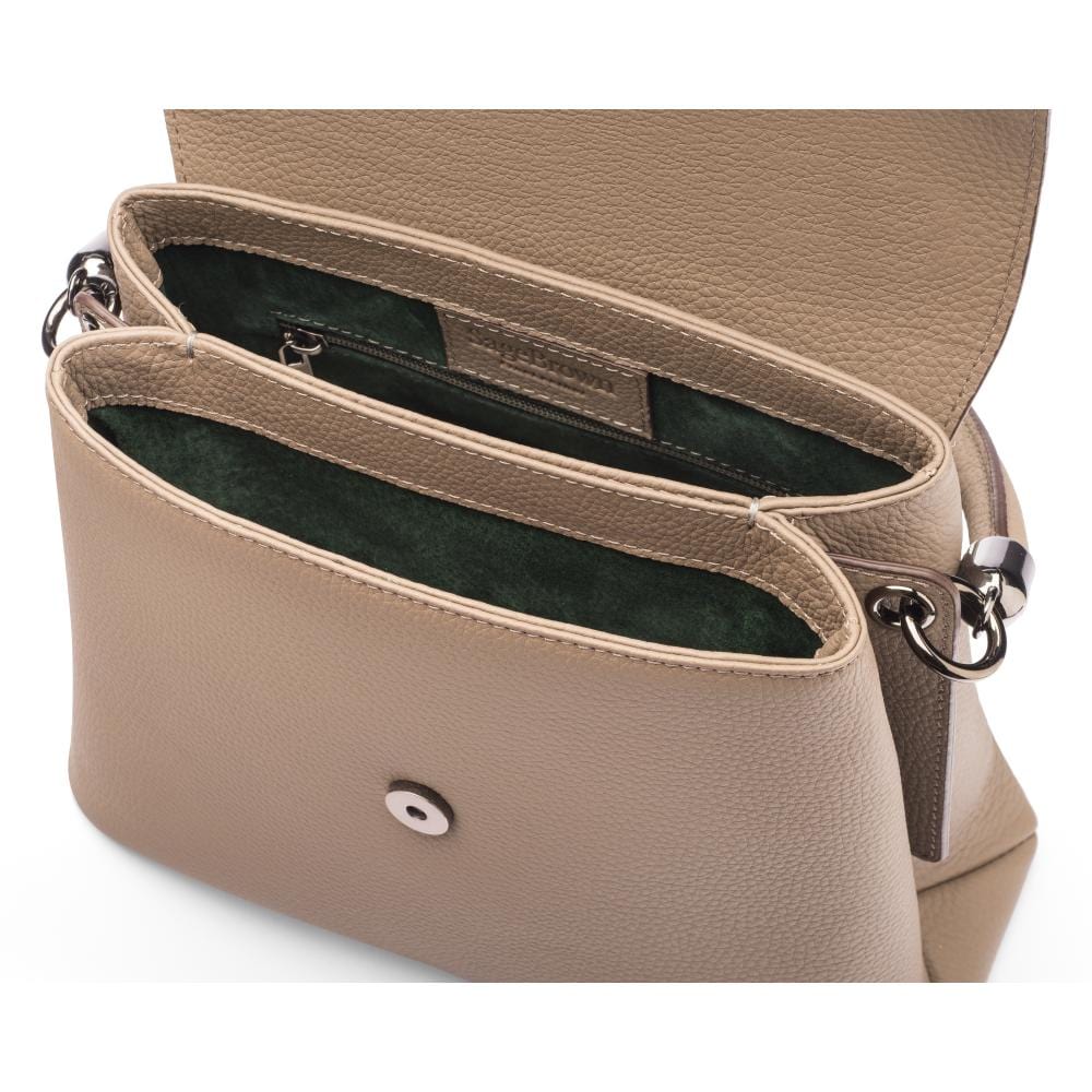 Amy flap over lid handbag, taupe, inside