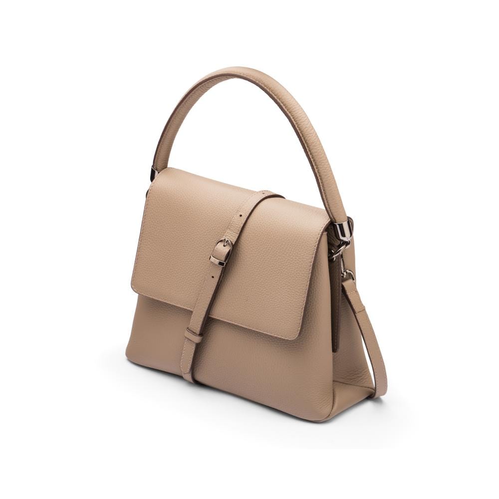 Amy flap over lid handbag, taupe, with shoulder strap