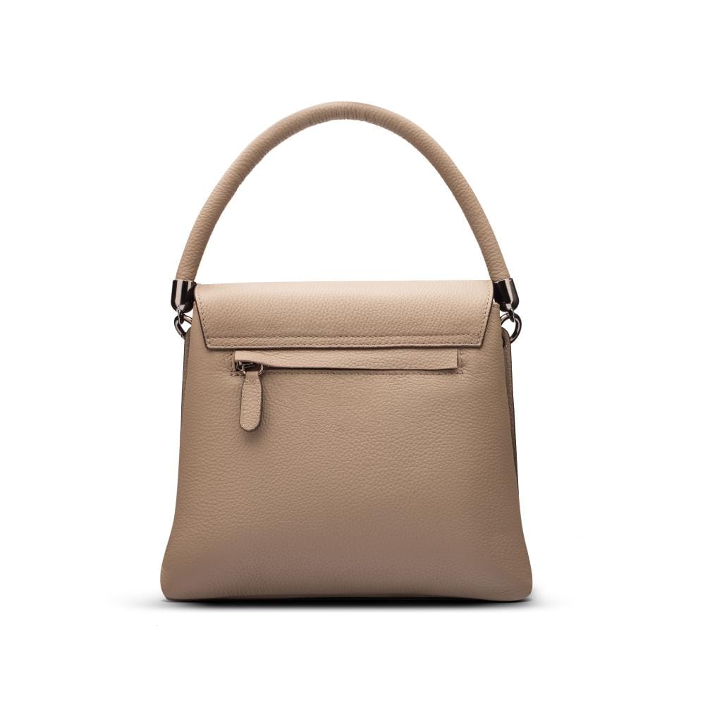 Amy flap over lid handbag, taupe, back