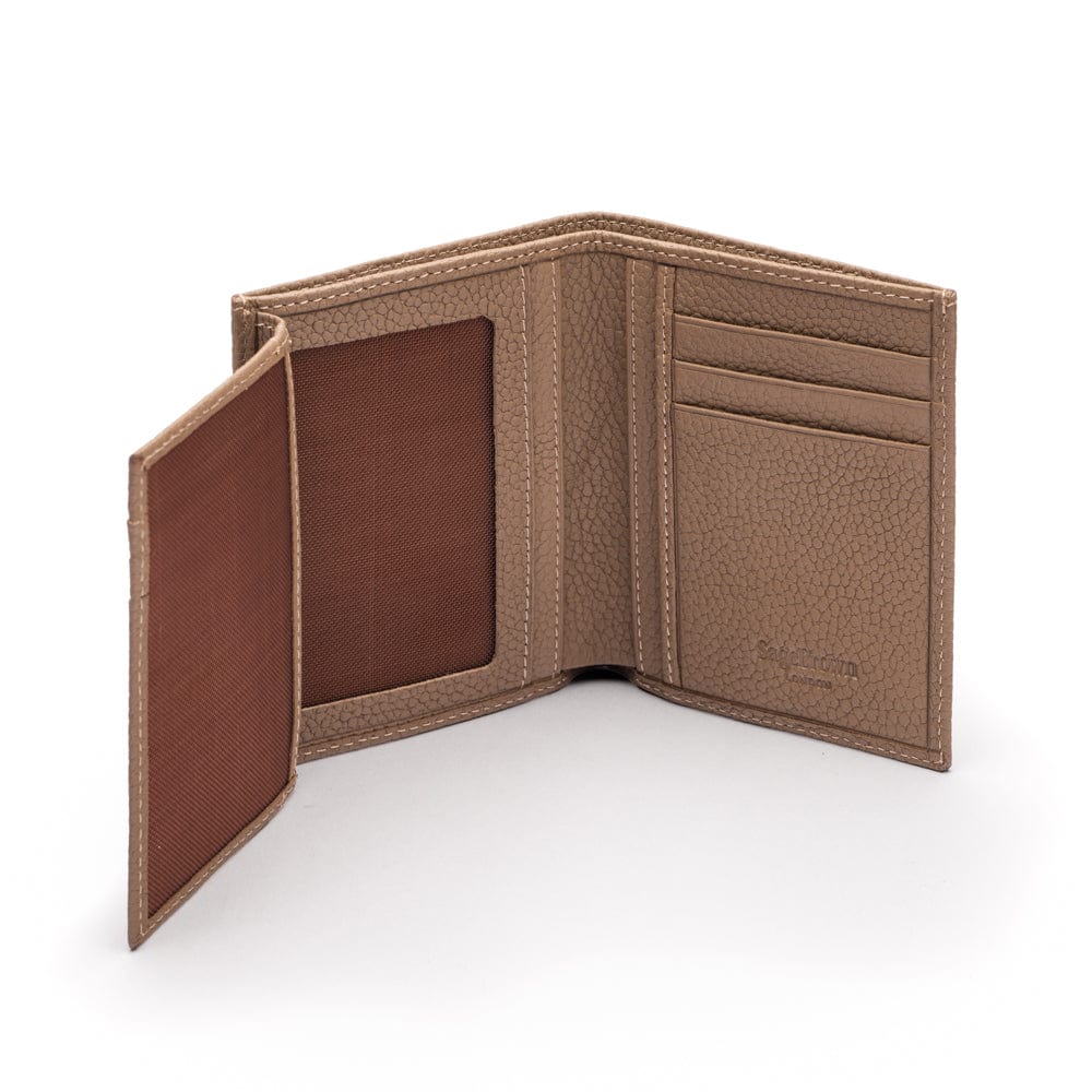 Compact leather wallet with 6 credit card slots and 2 ID windows, taupe, extra page