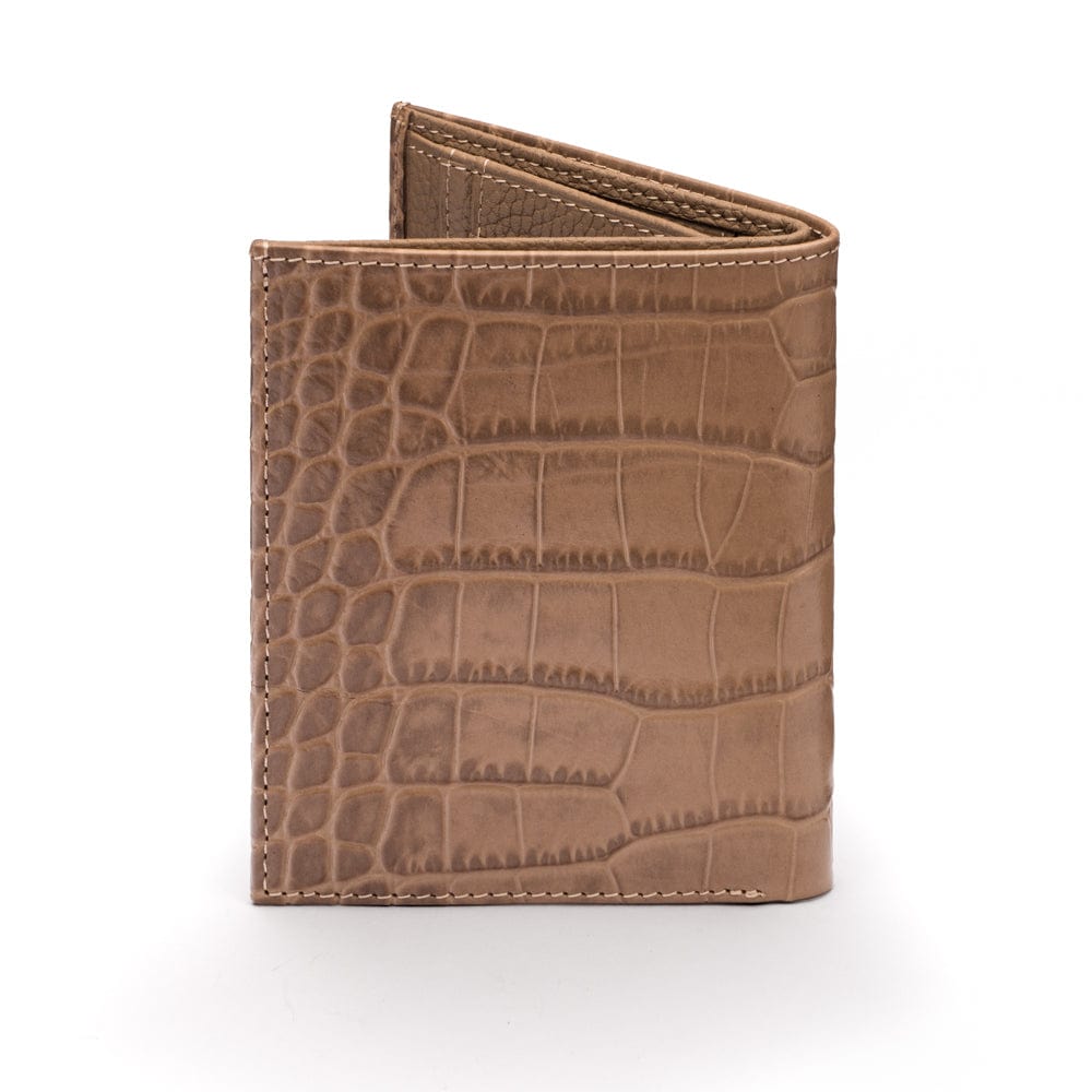Compact leather wallet with 6 credit card slots and 2 ID windows, taupe croc, back