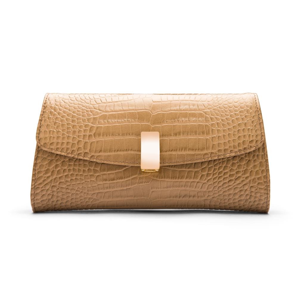 Leather clutch bag, taupe croc, front view