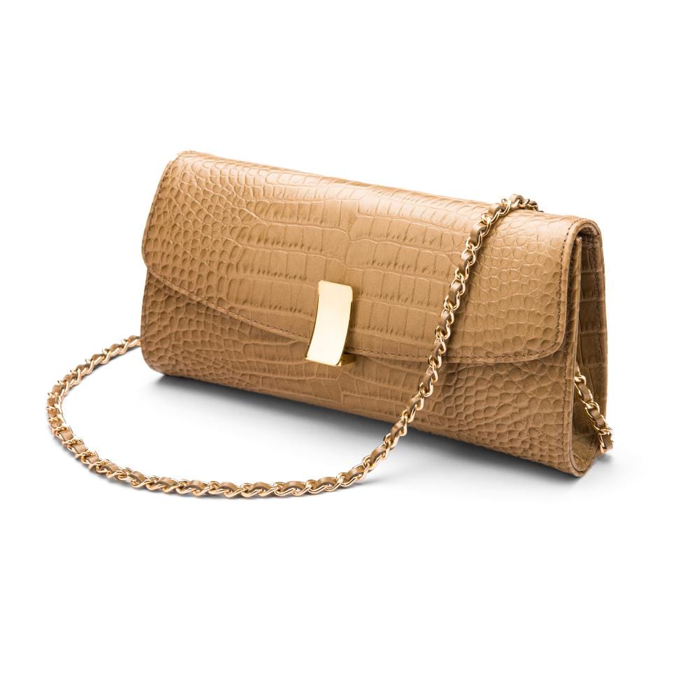 Leather clutch bag, taupe croc, with long chain strap