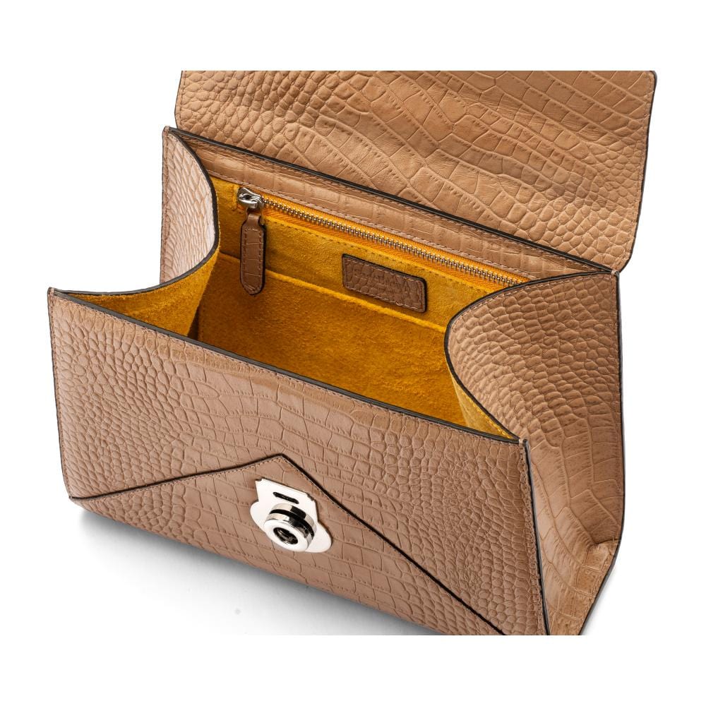 Leather top handle bag, Burnett bag, taupe croc, inside