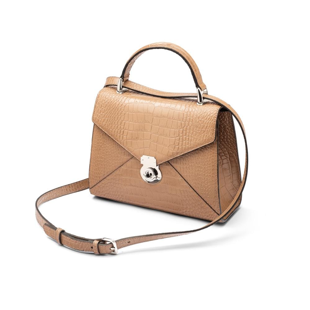 Leather top handle bag, Burnett bag, taupe croc, with shoulder strap
