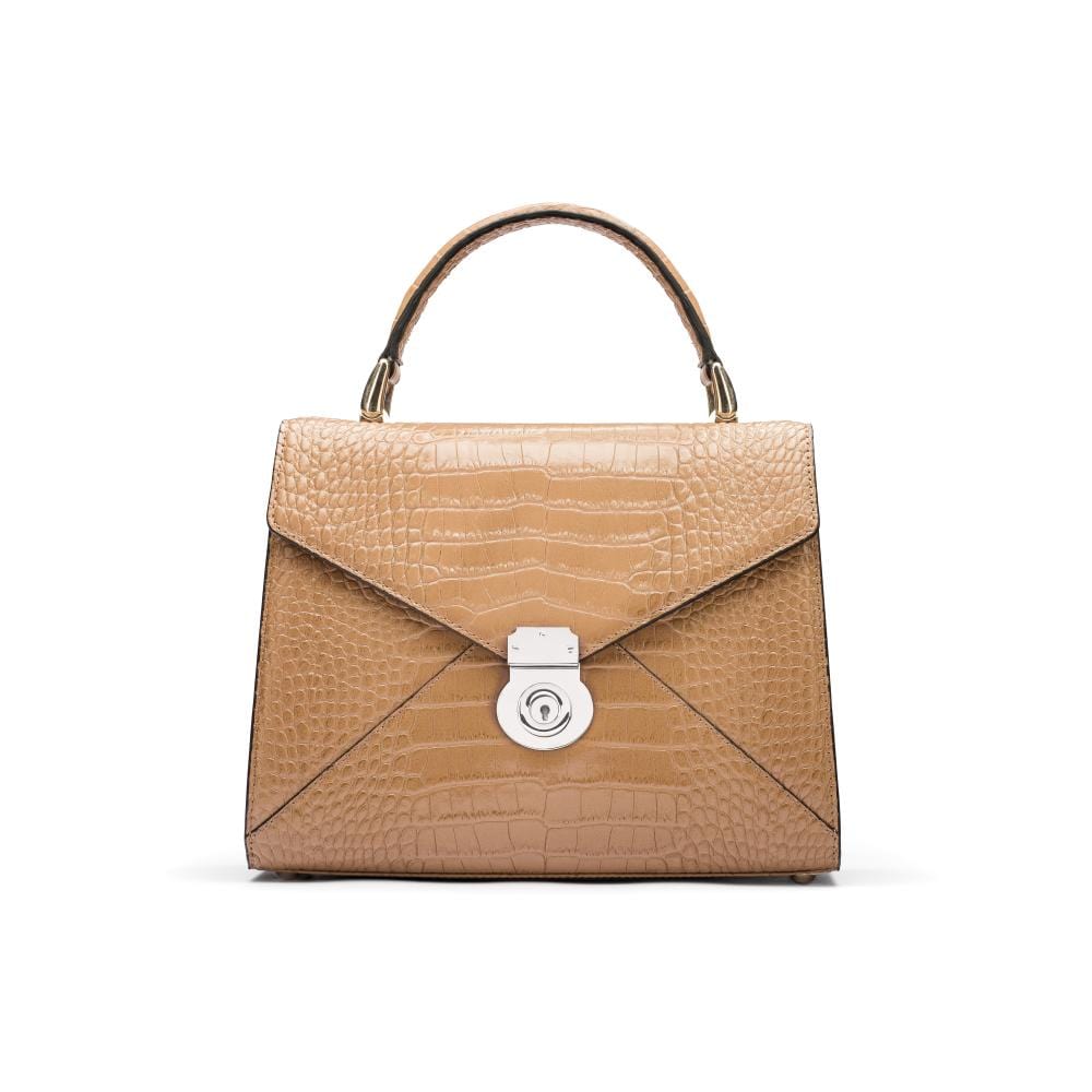 Leather top handle bag, Burnett bag, taupe croc, front