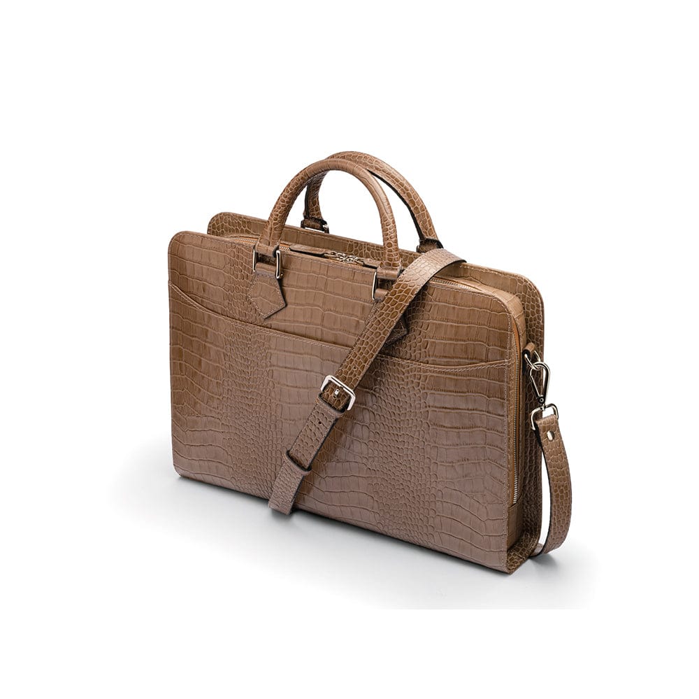 Leather Trinity 13" laptop briefcase, taupe croc, side