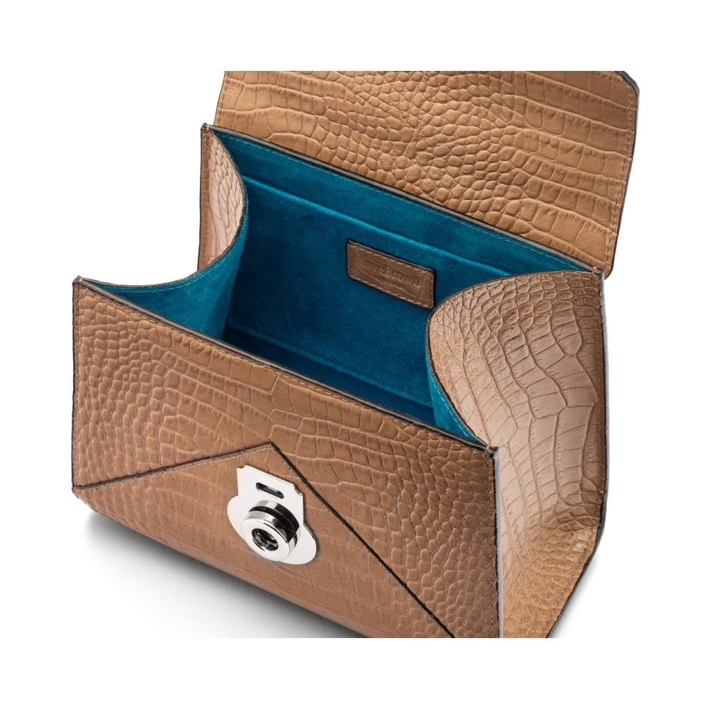 Mini Burnett small top handle bag, taupe croc, inside