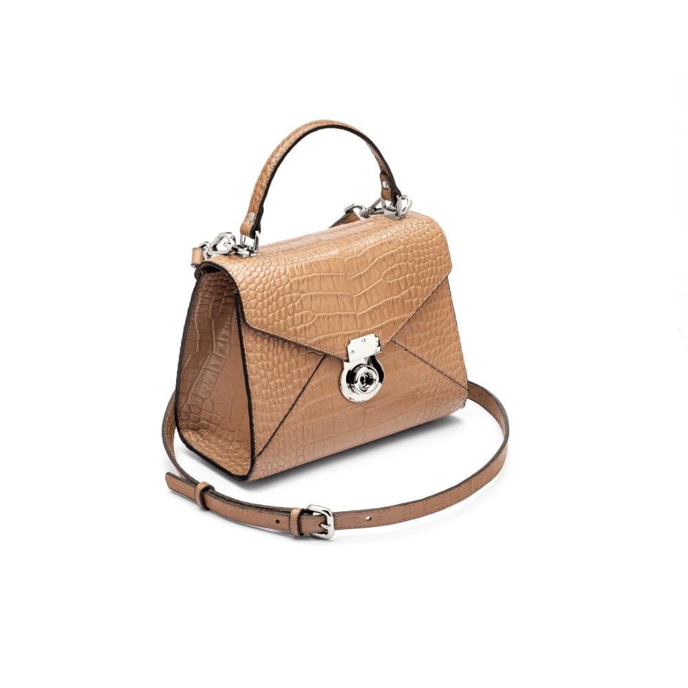 Mini Burnett small top handle bag, taupe croc, side view