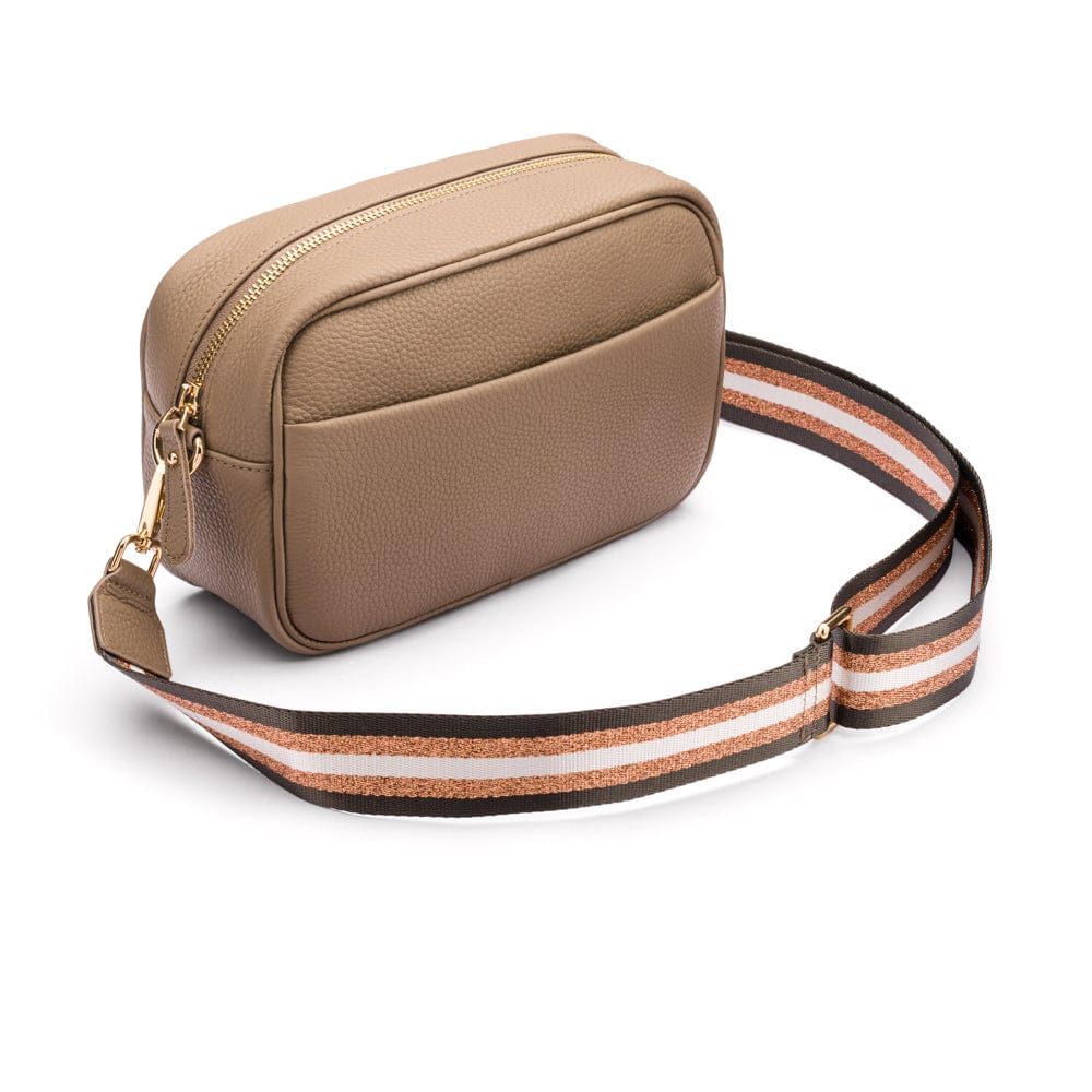 Leather cross body camera bag, taupe, side