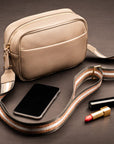 Leather cross body camera bag, taupe, lifestyle