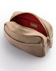 Leather cross body camera bag, taupe, front inside