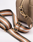 Leather cross body camera bag, taupe, strap