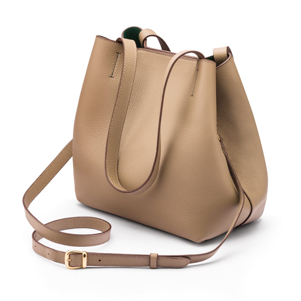 Leather tote bag, taupe, with long strap