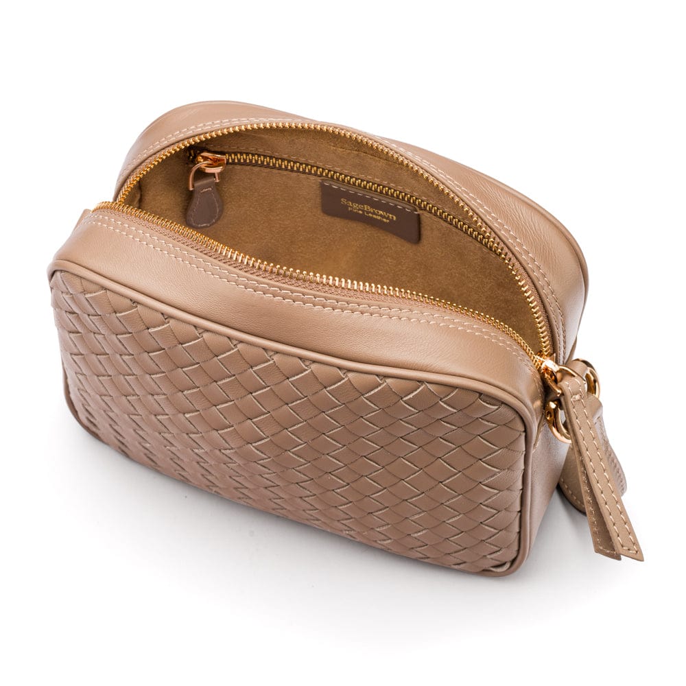 Ivy woven leather camera bag, taupe, inside