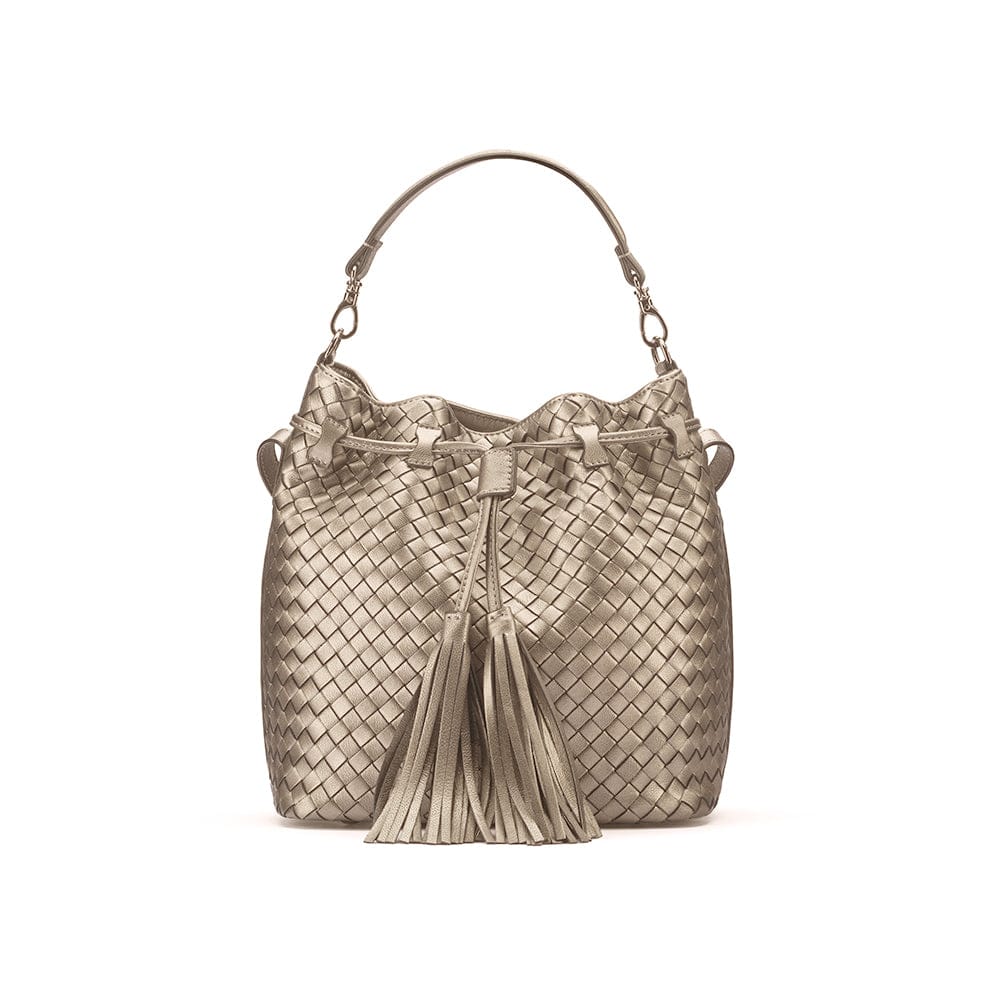 Woven leather bucket bag, taupe, front