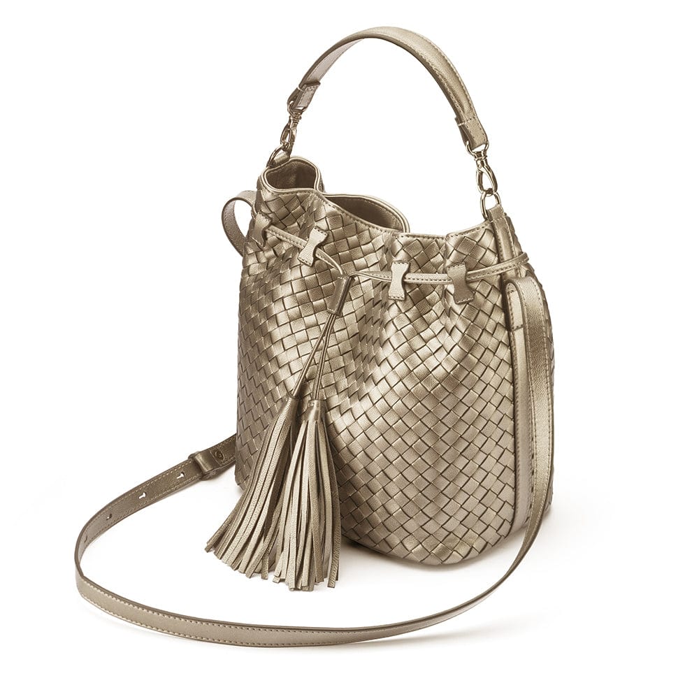 Woven leather bucket bag, taupe, side