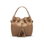 Woven leather bucket bag, taupe, front