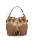 Woven leather bucket bag, taupe, front