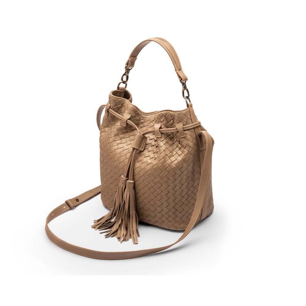 Woven leather bucket bag, taupe, side