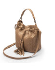 Woven leather bucket bag, taupe, side