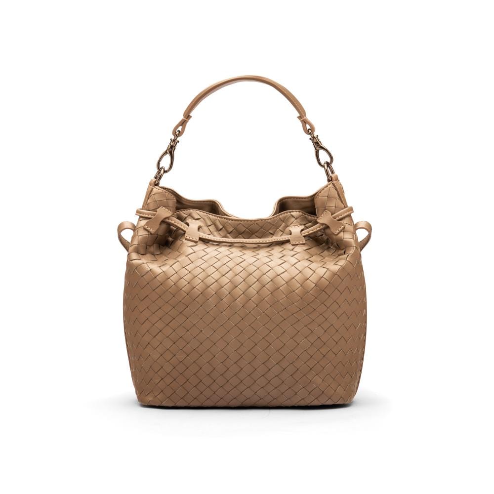 Woven leather bucket bag, taupe, back