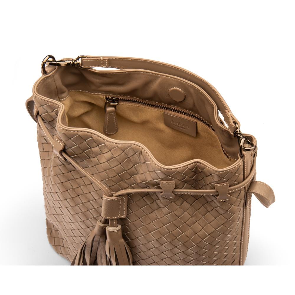 Woven leather bucket bag, taupe, inside