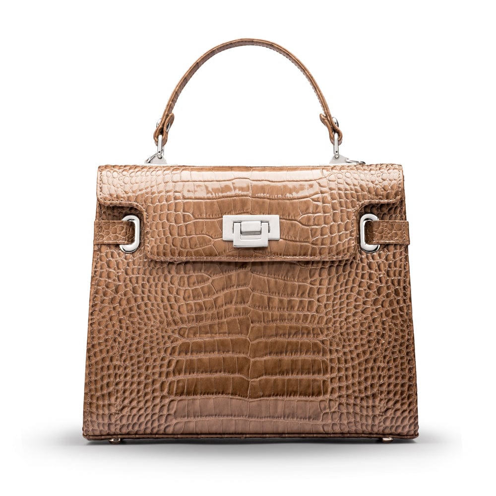 Leather Catherine top handle bag, taupe patent croc, front