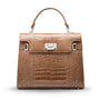 Leather Catherine top handle bag, taupe patent croc, front