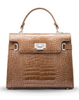 Leather Catherine top handle bag, taupe patent croc, front