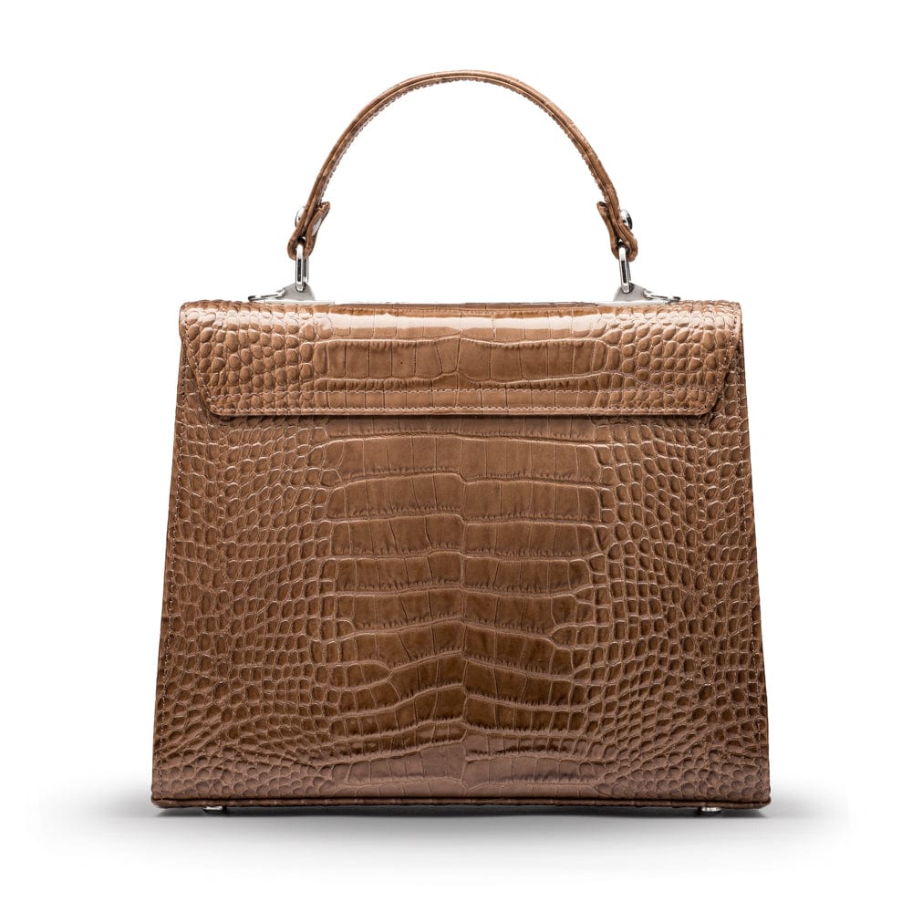 Leather Catherine top handle bag, taupe patent croc, back