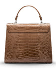 Leather Catherine top handle bag, taupe patent croc, back